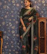 Olive floral printed sequinned organza saree
