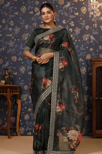Olive floral printed sequinned organza saree