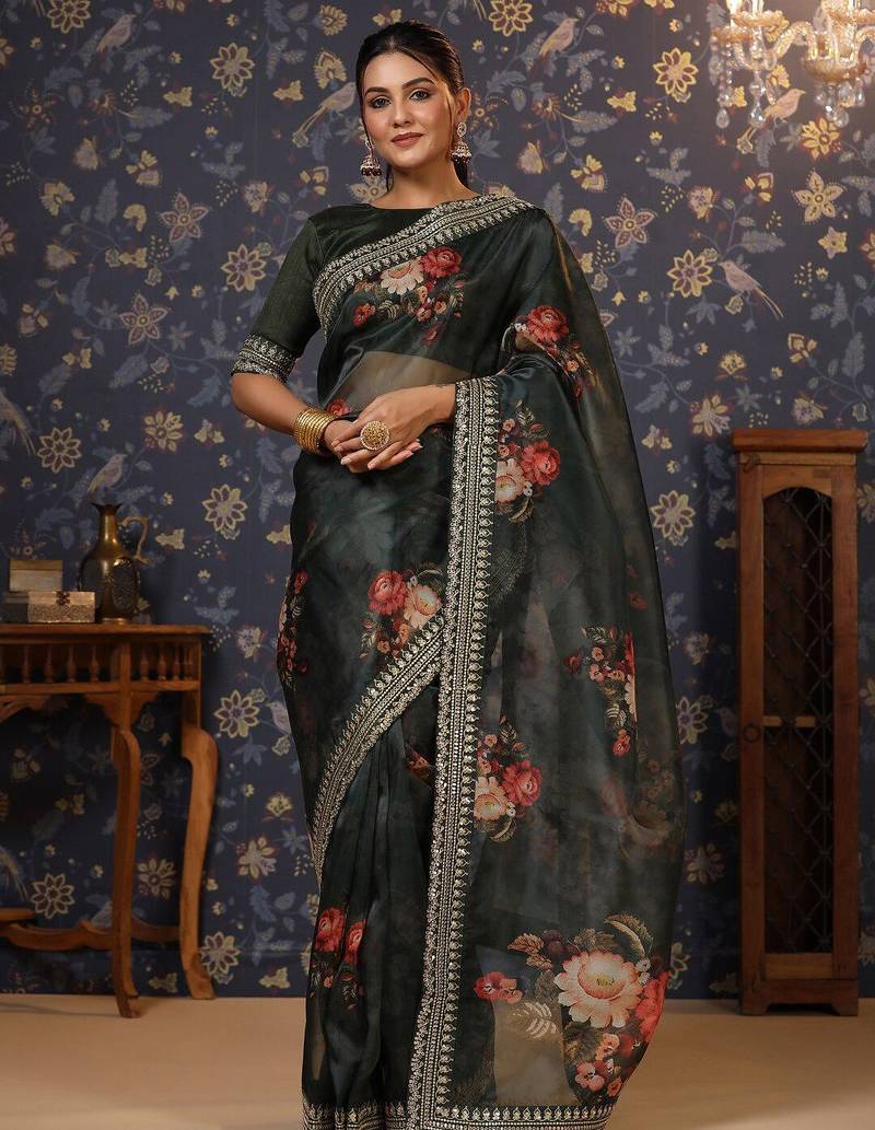 Olive floral printed sequinned organza saree