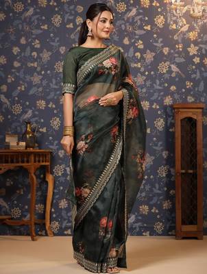 Olive floral printed sequinned organza saree 3