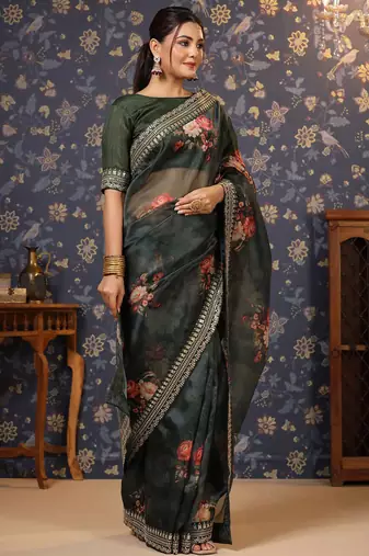 Olive floral printed sequinned organza saree