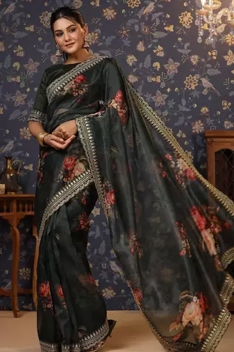 Olive floral printed sequinned organza saree
