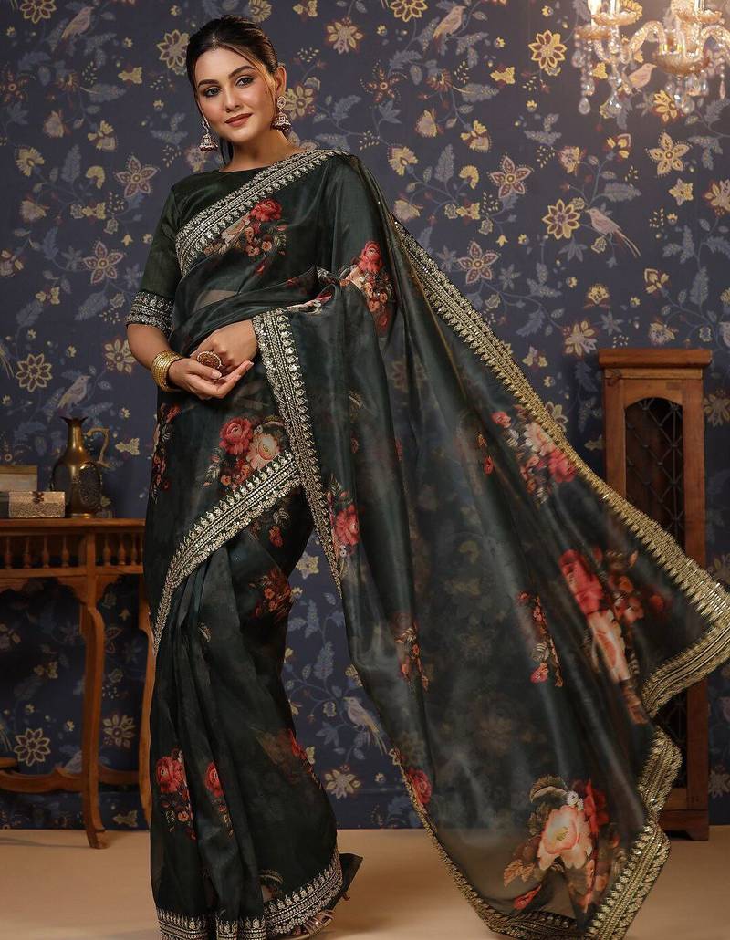 Olive floral printed sequinned organza saree