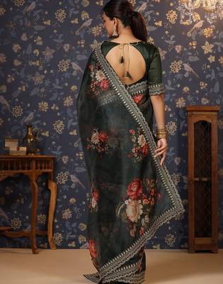 Olive floral printed sequinned organza saree 5