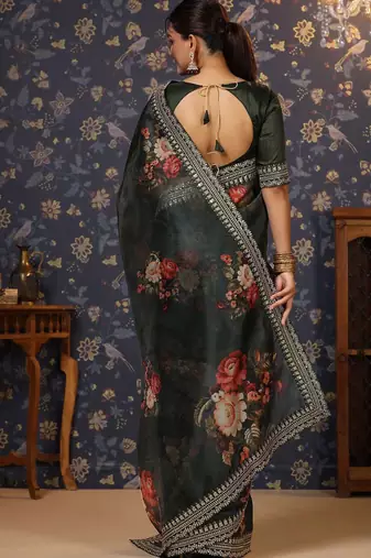 Olive floral printed sequinned organza saree