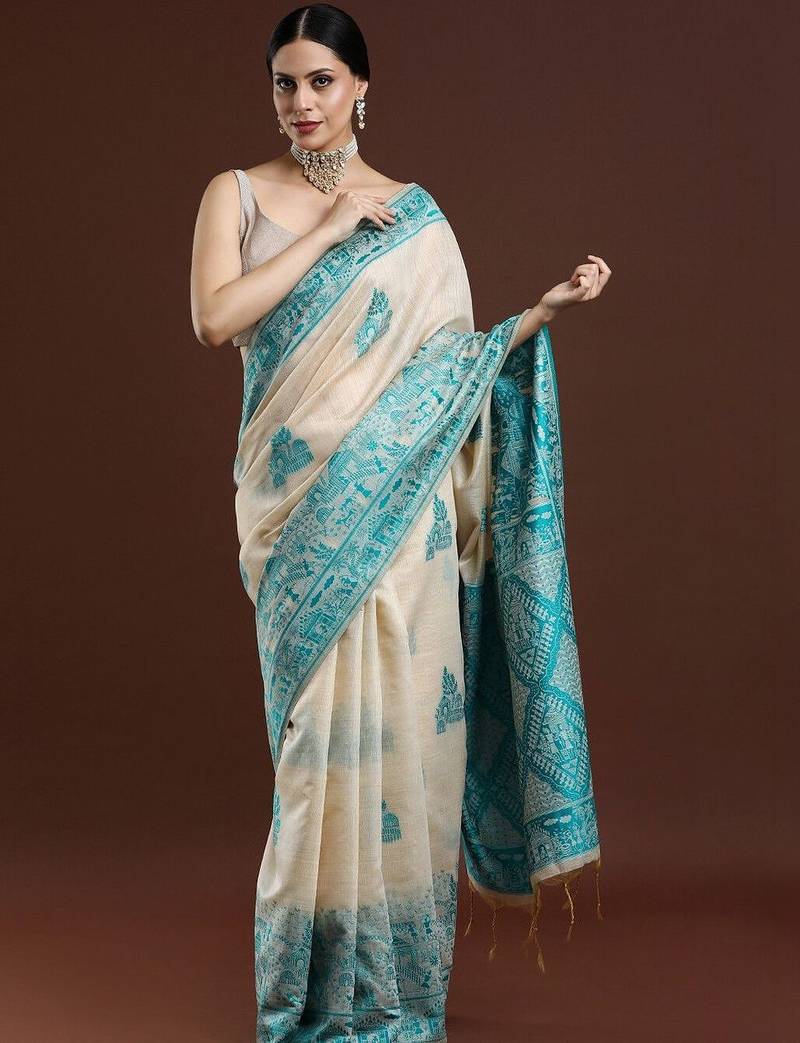 Beige woven design saree with blouse