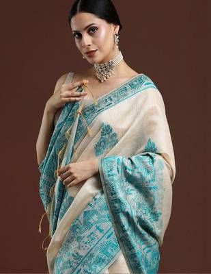 Beige woven design saree with blouse 2