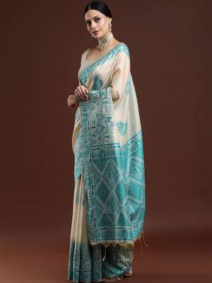 Beige woven design saree with blouse 3