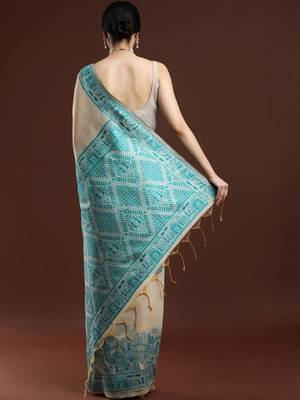 Beige woven design saree with blouse 4