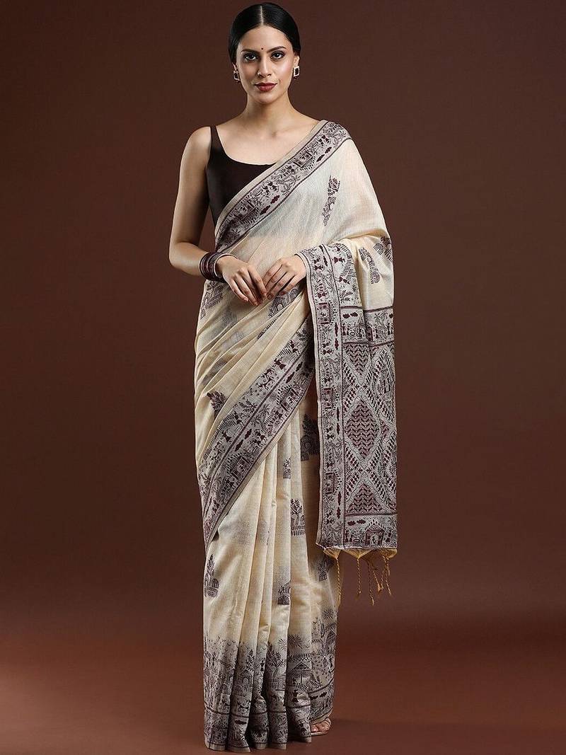 Beige woven design saree with blouse