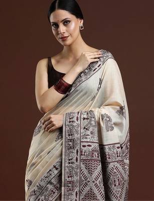 Beige woven design saree with blouse 2