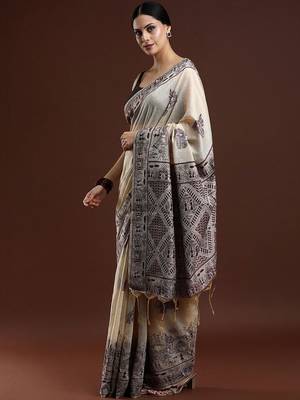 Beige woven design saree with blouse 3