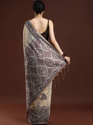 Beige woven design saree with blouse 4