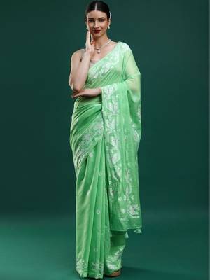 Green woven design muga sarees with blouse piece 1
