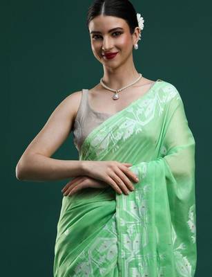 Green woven design muga sarees with blouse piece 2
