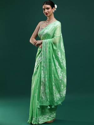 Green woven design muga sarees with blouse piece 3