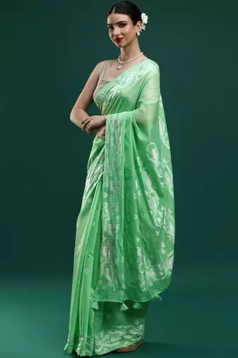 Green woven design muga sarees with blouse piece
