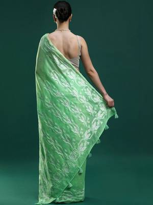 Green woven design muga sarees with blouse piece 4