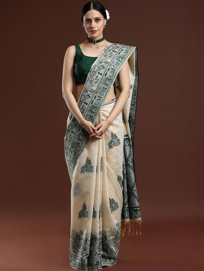 Beige woven design saree with blouse