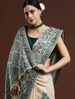 Beige woven design saree with blouse 2