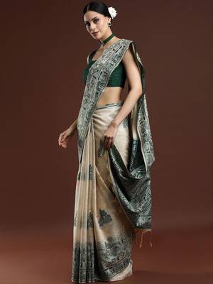 Beige woven design saree with blouse 3