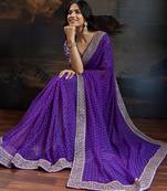 Purple bandhani design embroidered saree with blouse piece