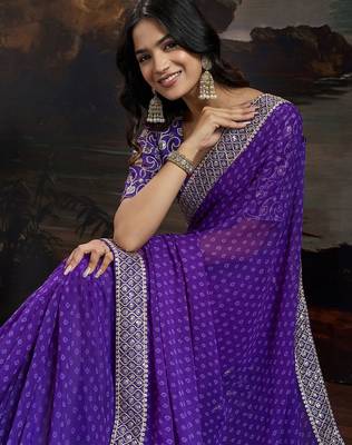 Purple bandhani design embroidered saree with blouse piece 2
