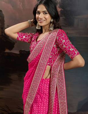 Pink bandhani design embroidered saree with blouse piece 1