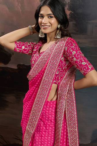Pink bandhani design embroidered saree with blouse piece