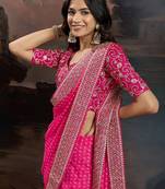 Pink bandhani design embroidered saree with blouse piece