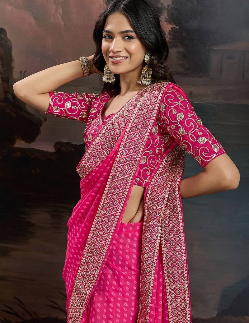 Pink bandhani design embroidered saree with blouse piece