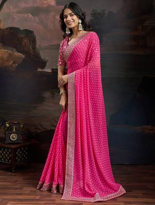 Pink bandhani design embroidered saree with blouse piece 5
