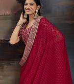 Maroon embroidered bandhani saree with blouse piece