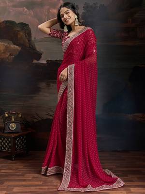 Maroon embroidered bandhani saree with blouse piece 5