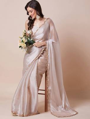 Cream embellished border organza saree with unstitched blouse 1