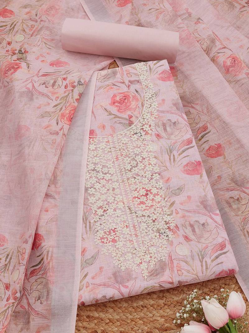 floral printed thread work linen unstitched dress material