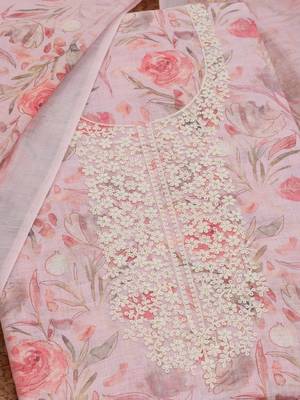 floral printed thread work linen unstitched dress material 2