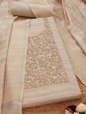 floral embroidered sequinned tussar unstitched dress material 1