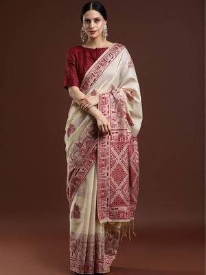 Beige woven design saree with blouse 1