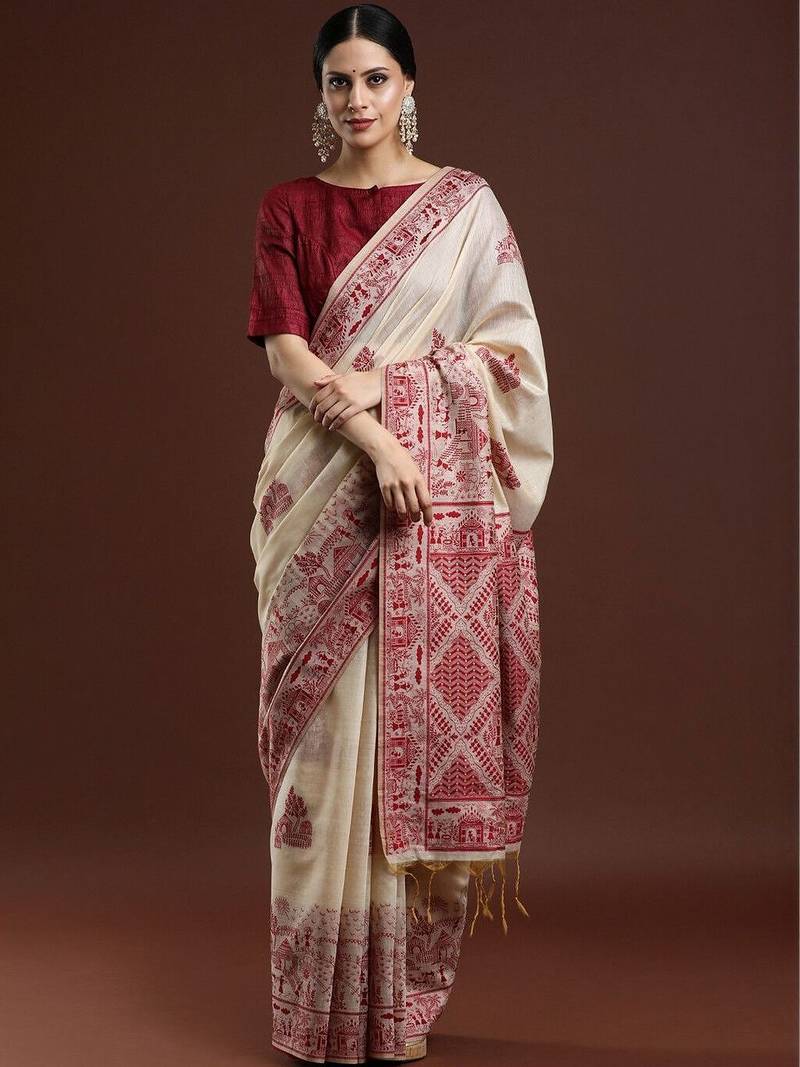 Beige woven design saree with blouse