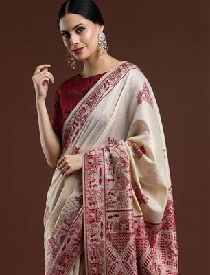 Beige woven design saree with blouse 2