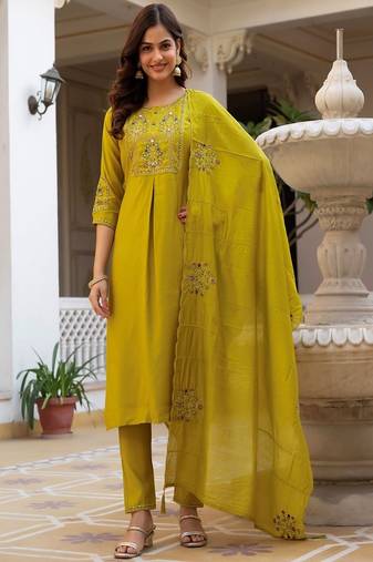 Embroidered viscose silk kurta with pant & dupatta set for women