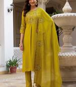 Embroidered viscose silk kurta with pant & dupatta set for women