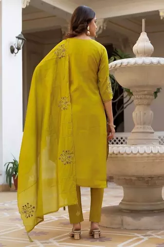 Embroidered viscose silk kurta with pant & dupatta set for women