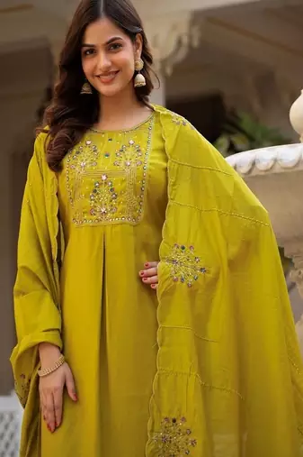 Embroidered viscose silk kurta with pant & dupatta set for women