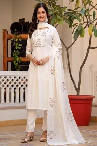 Embroidered viscose silk kurta with pant & dupatta set for women