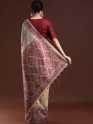 Beige woven design saree with blouse 4