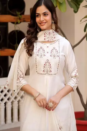 Embroidered viscose silk kurta with pant & dupatta set for women