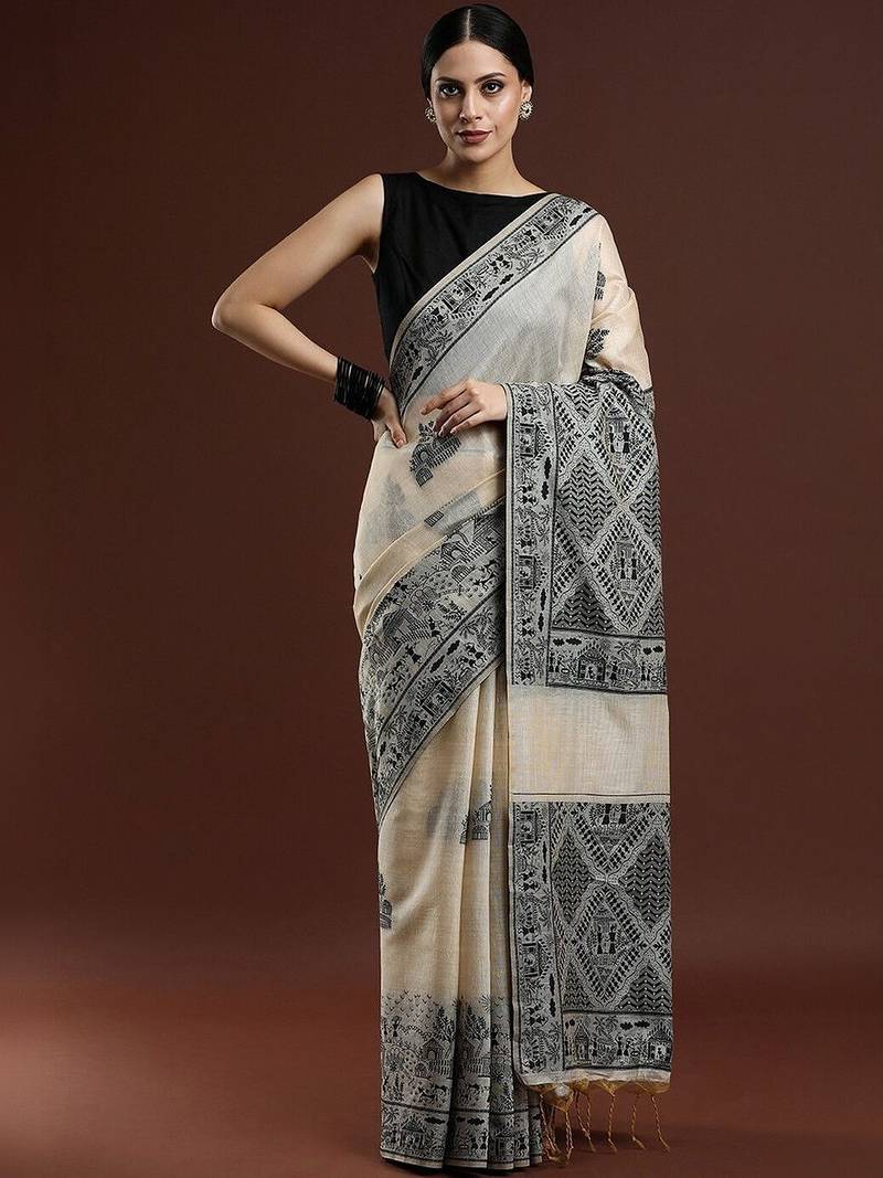 Beige woven design saree with blouse