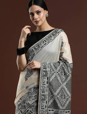 Beige woven design saree with blouse 2